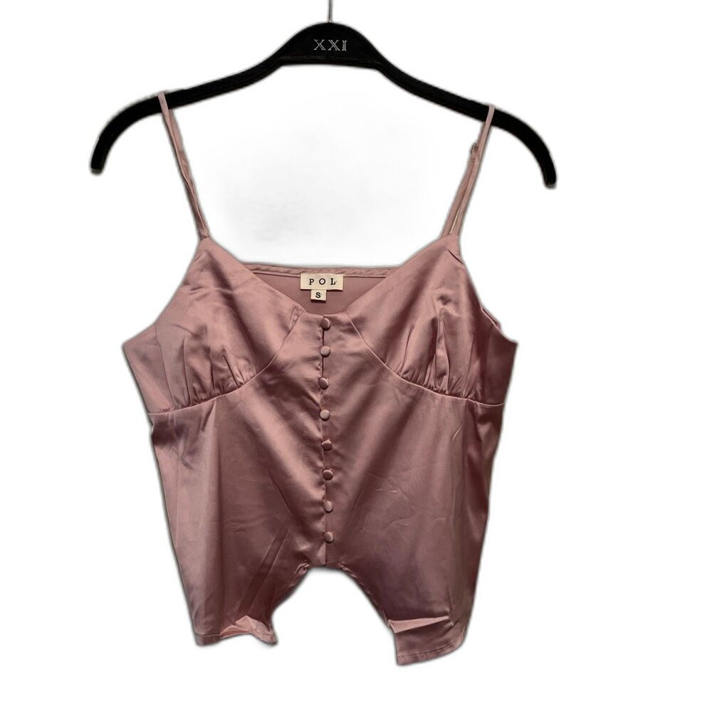 POL Satin Babydoll Style Cropped Button Coquette Fairy Whimsy Tank, Pink- Small